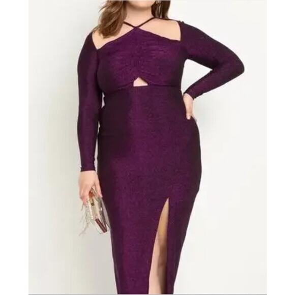 Eloquii Dresses & Skirts - Eloquii Purple Metallic Sparkly Pencil Dress Chest Cutouts Slit Long Sleeve 14